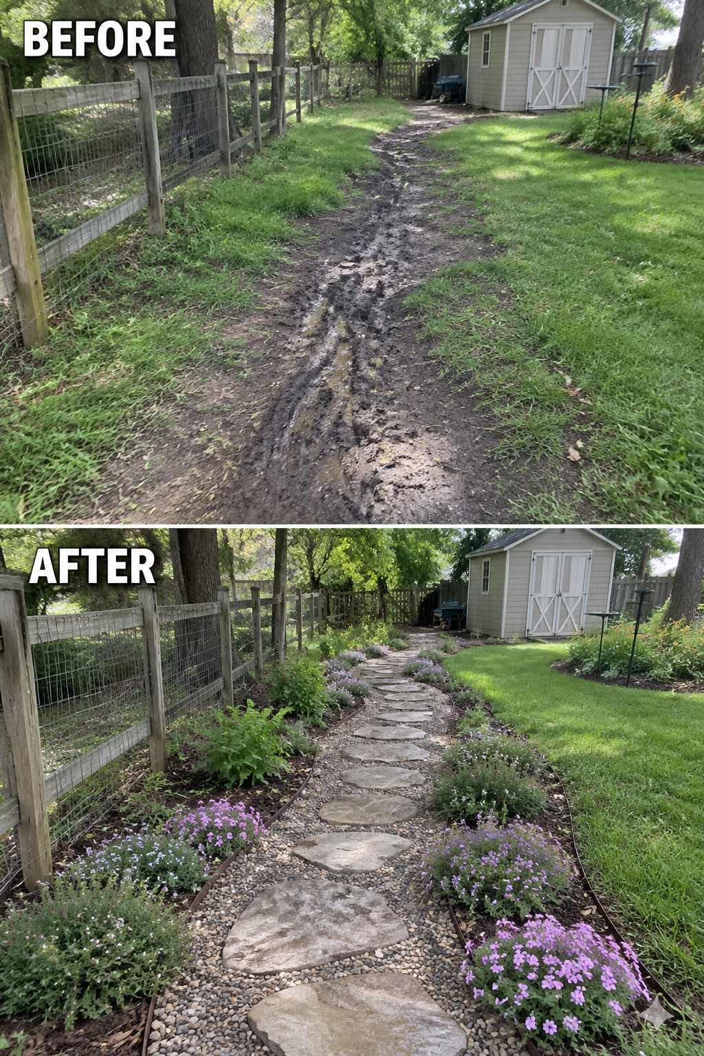 Before muddy trail and after stone path with purple flowers.