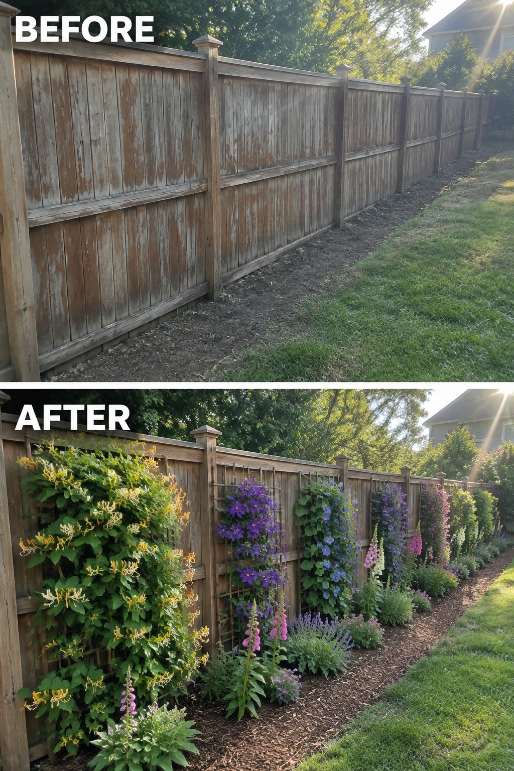Before and after of weathered fence lined with colorful climbing flowers and plants.