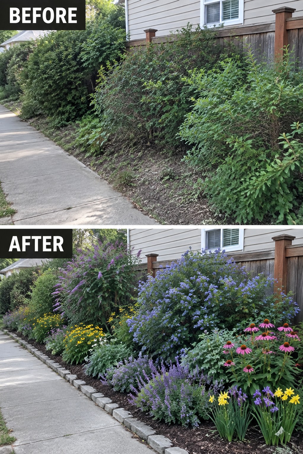 Before and after of overgrown shrubs transformed into colorful purple blue yellow flower garden