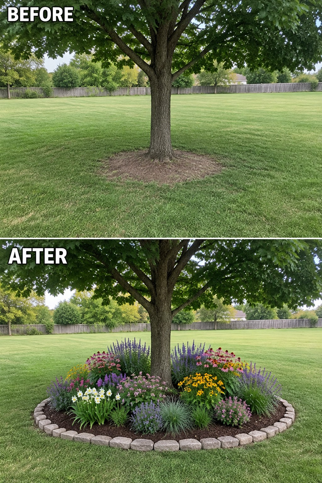 Before and after of tree with bare ground turned into colorful flower garden.