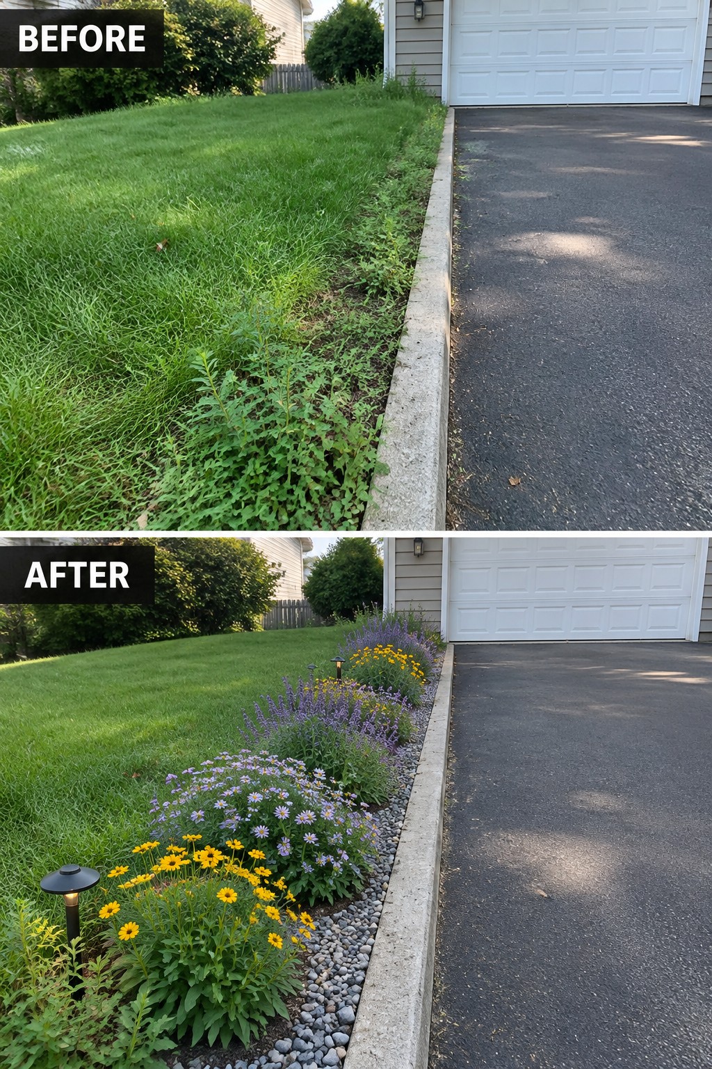 Before and after of weedy curb transformed into colorful flowerbed with solar lights