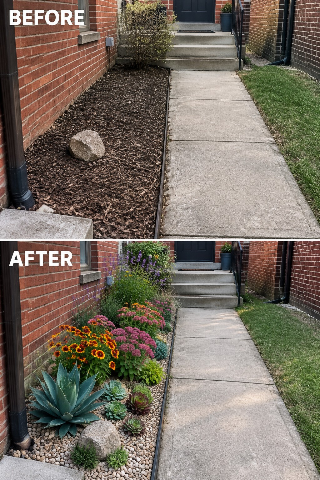 Before and after garden makeover with colorful flowers replacing mulch along brick house walkway