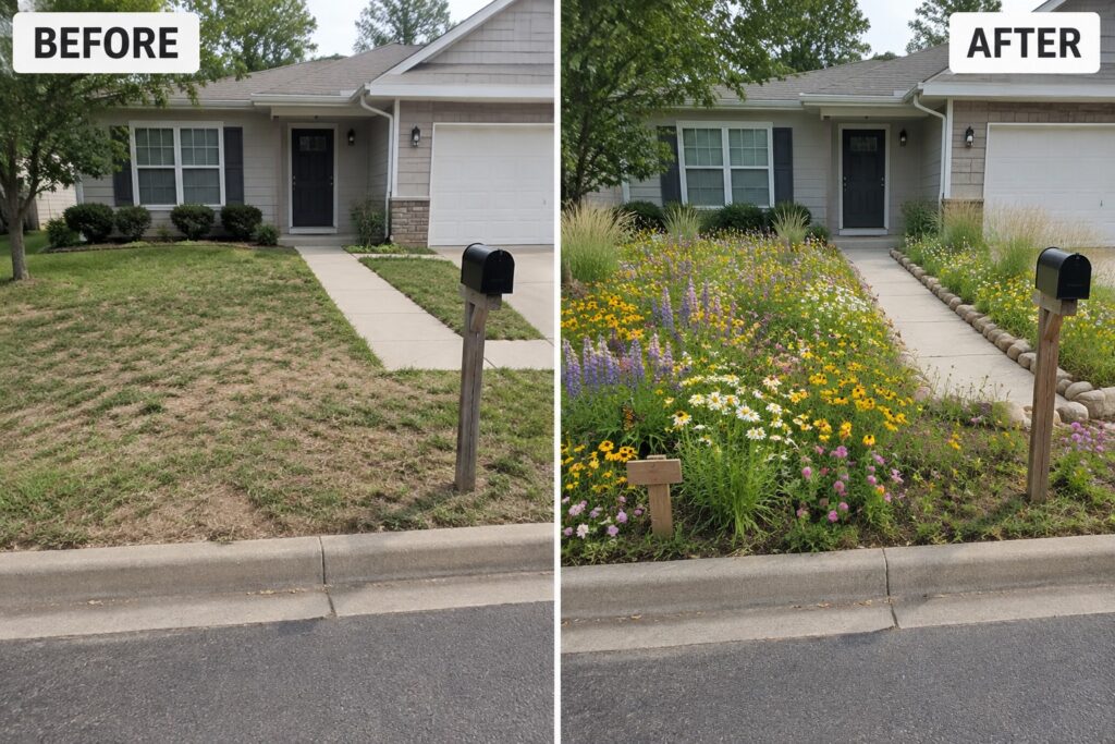 22 Smart Garden Makeover Ideas Designed for Pollinator-Friendly Planting Before-and-after views of house front yard transformed from lawn to colorful flower garden.