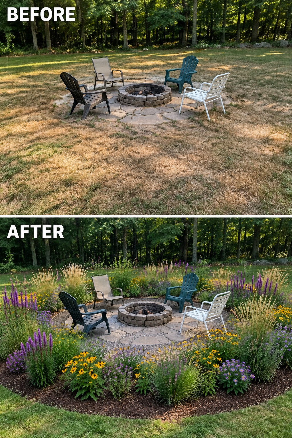 Before-and-after image of a fire pit on patchy grass changed into a landscaped seating area surrounded by colorful pollinator-friendly garden beds.