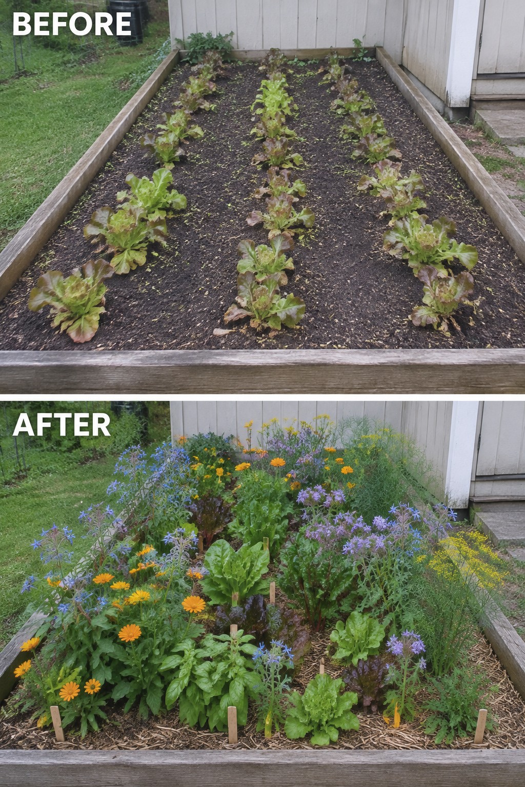 Before and after of raised bed: sparse lettuce rows above, dense colorful flowers below