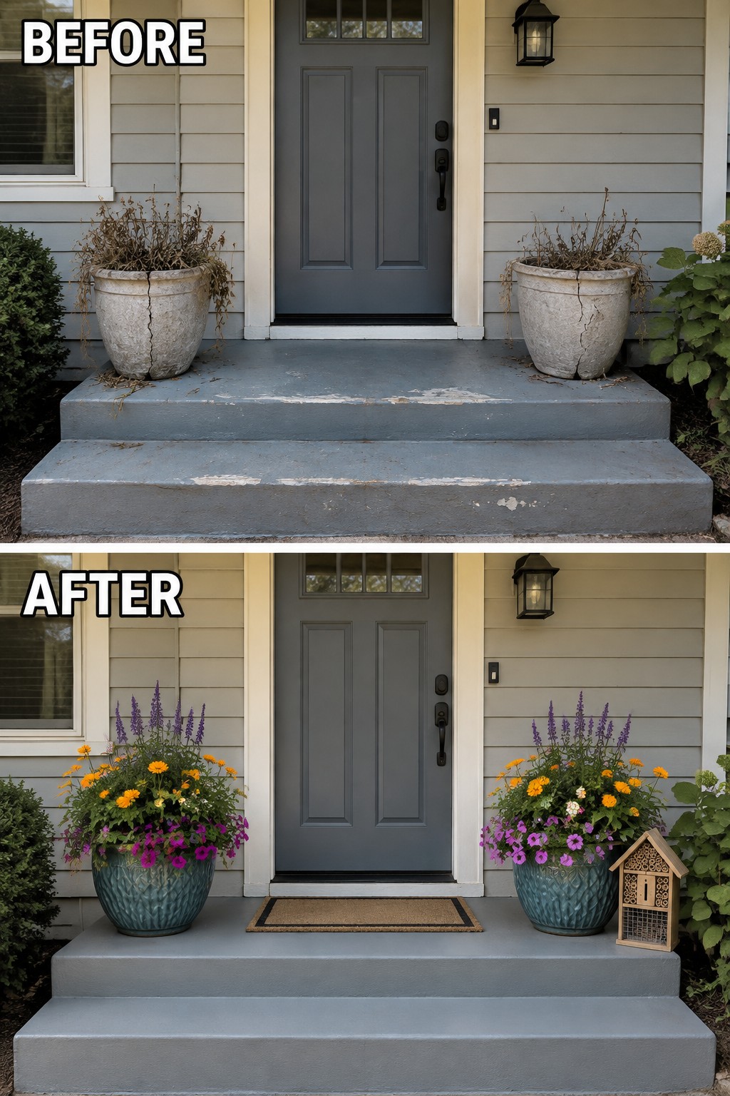 Before and after of gray door stoop with cracked dead planters and vibrant flowers