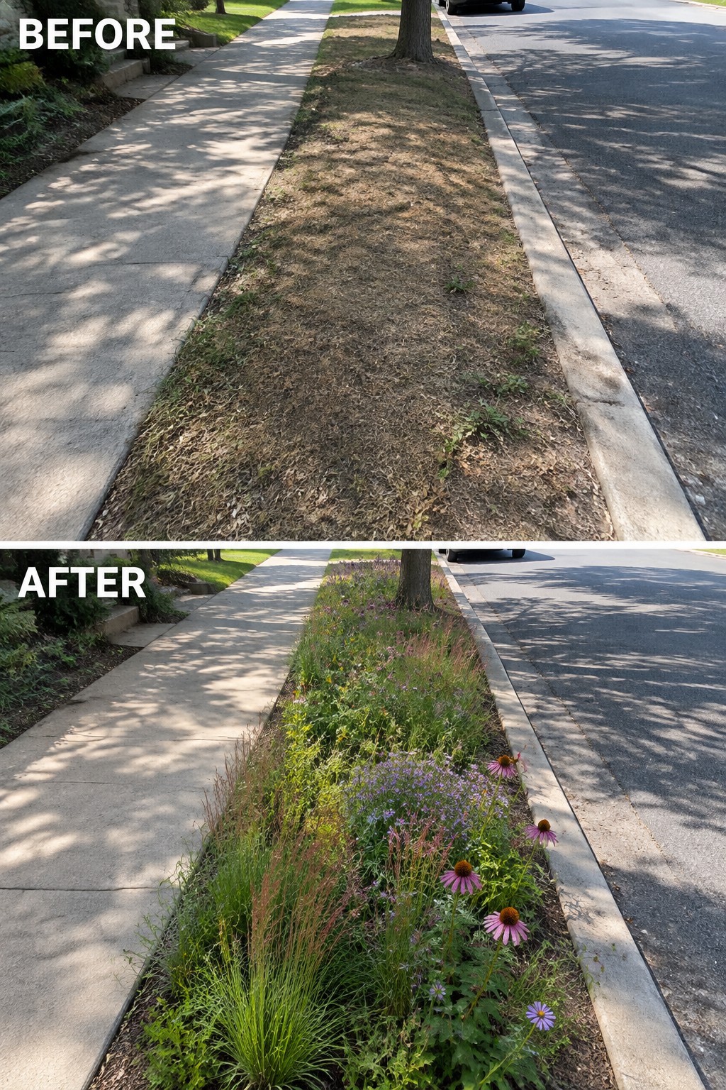 Before-and-after of dry grass strip transformed into colorful wildflower garden along sidewalk