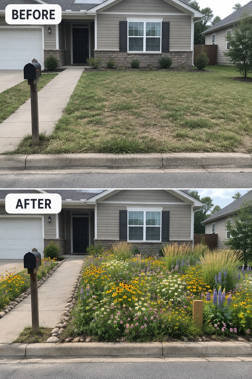 Before-and-after views of house front yard transformed from lawn to colorful flower garden.