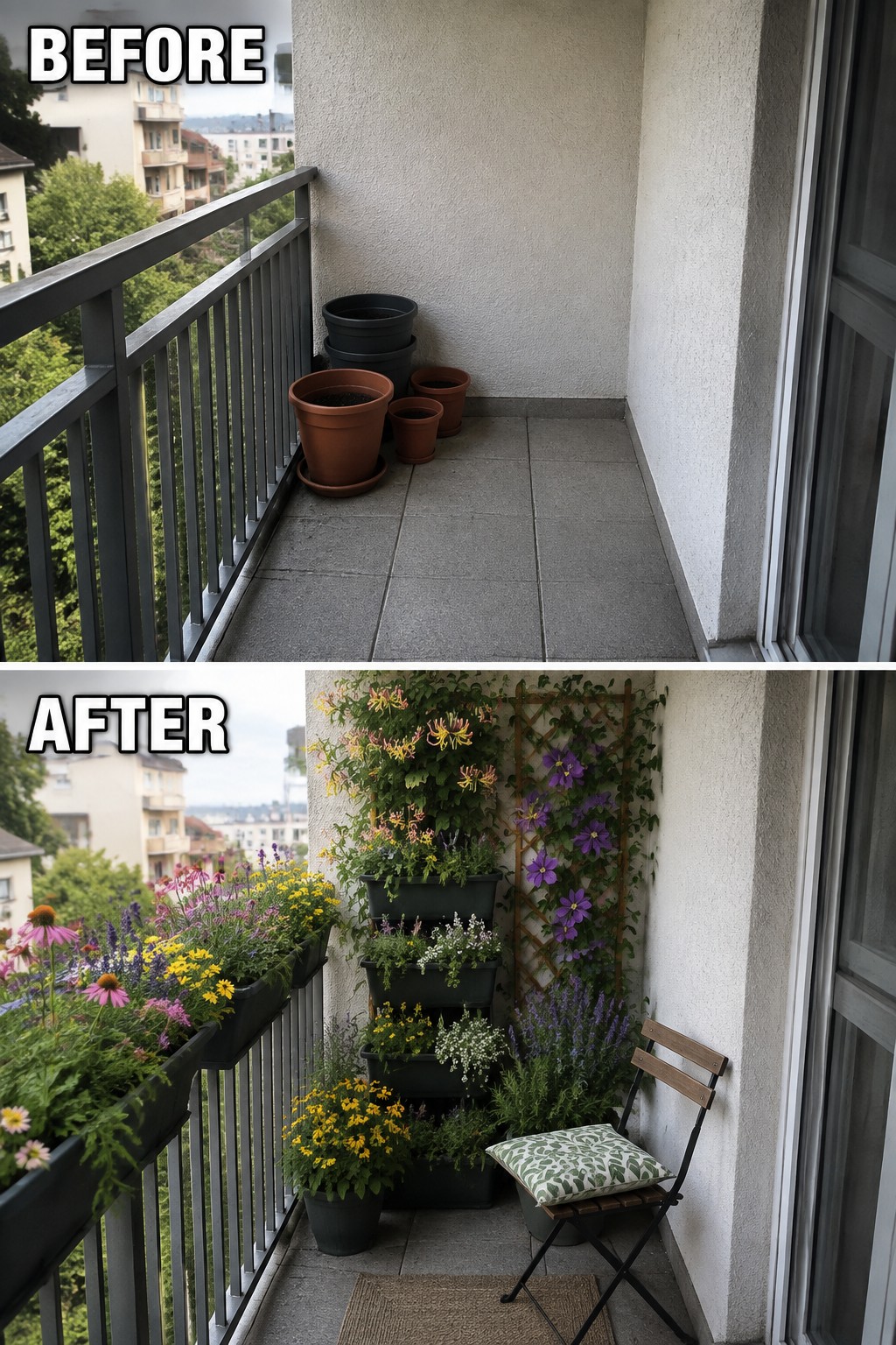 Before empty balcony pots and after vibrant floral garden with chair and trellis