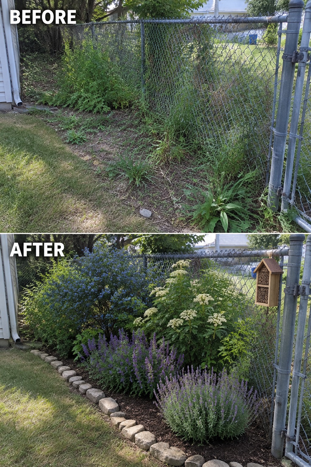 Before-and-after of weedy fence line transformed into colorful garden with flowers and bug house