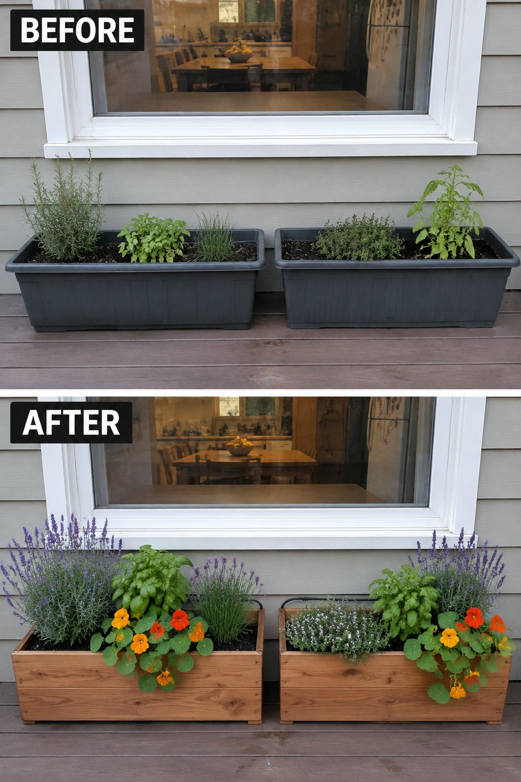 Before-and-after window planters: plain gray boxes replaced by wooden ones blooming with lavender and nasturtiums.