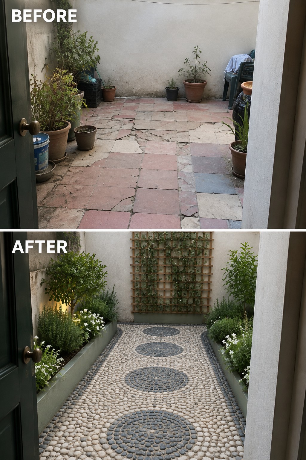 Before-and-after image of a cracked tiled courtyard transformed by a pebble path with circular patterns, raised garden beds, and a trellis on the back wall.