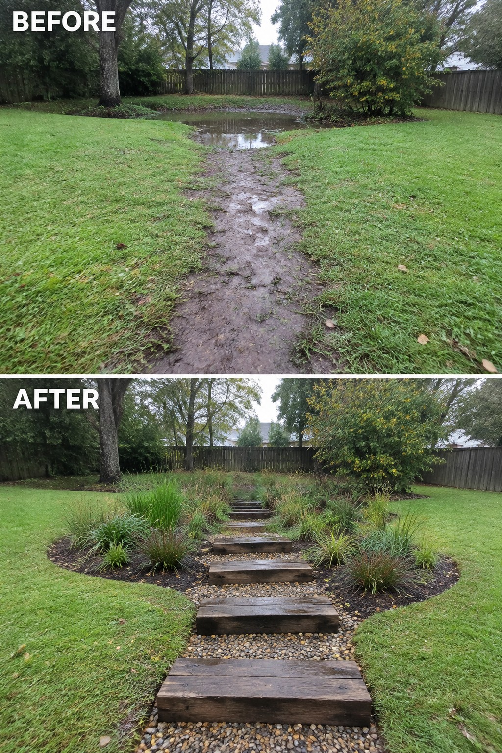 Before muddy path and puddle transformed into wooden steps with landscaping