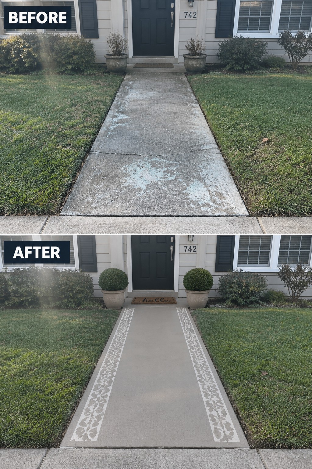 Before cracked discolored path and after smooth walkway with decorative borders
