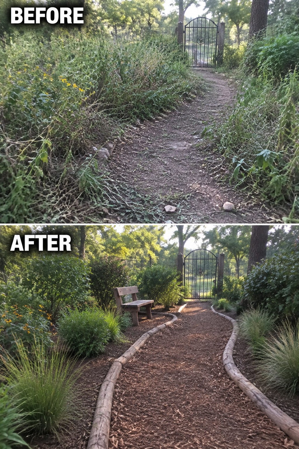 Before-and-after image of an overgrown garden path cleaned up with log edging, mulch, planted borders, and a bench.