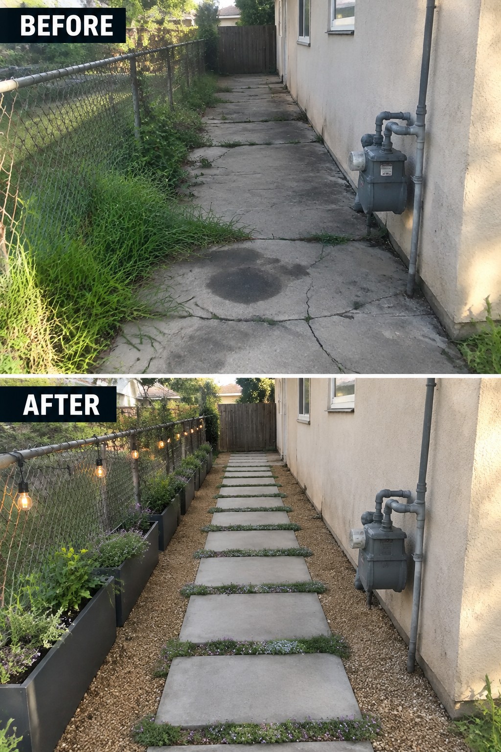 Before and after of cracked path transformed into stepping-stone walkway with planters and lights.