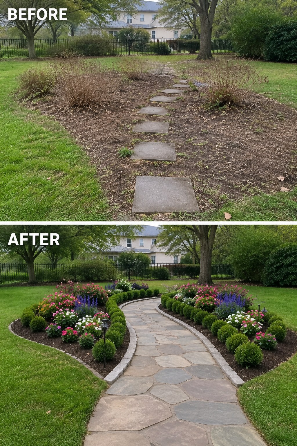 Before and after garden path transformed into curved flagstone walkway with colorful flower beds
