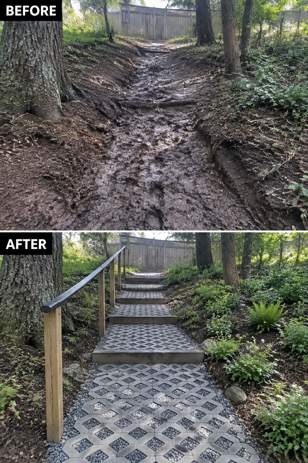 Before muddy eroded trail and after stone stairs with handrail in woods