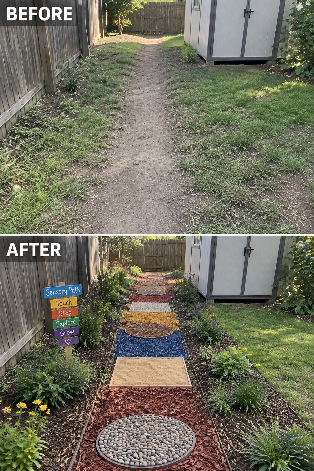 Before-and-after image of a dirt garden path changed into a sensory path with sections of different textures and planted borders.
