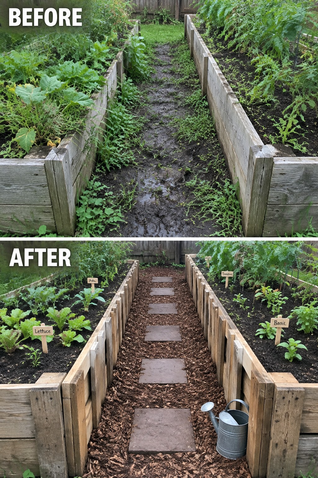 Before and after of raised garden beds with weedy path versus mulched walkway