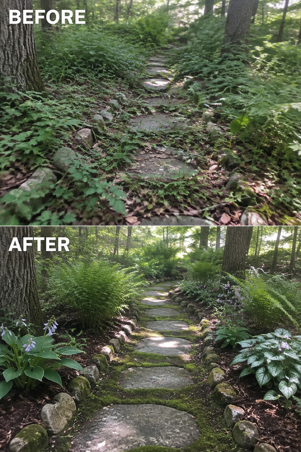 Before-and-after forest path: overgrown weeds transformed into mossy stones with ferns and flowers.