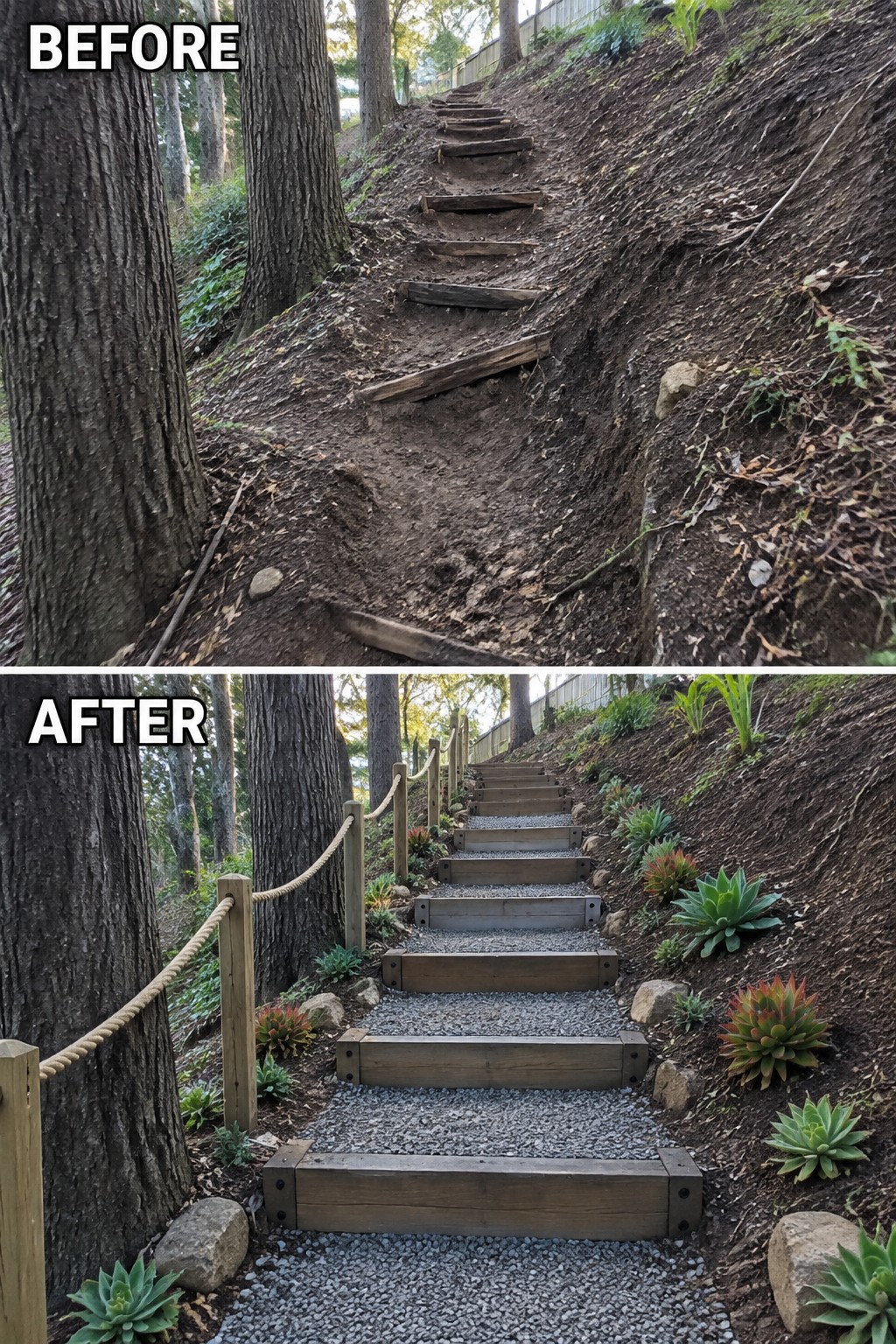 Before and after of muddy hillside trail upgraded to wooden stairs with gravel and plants.