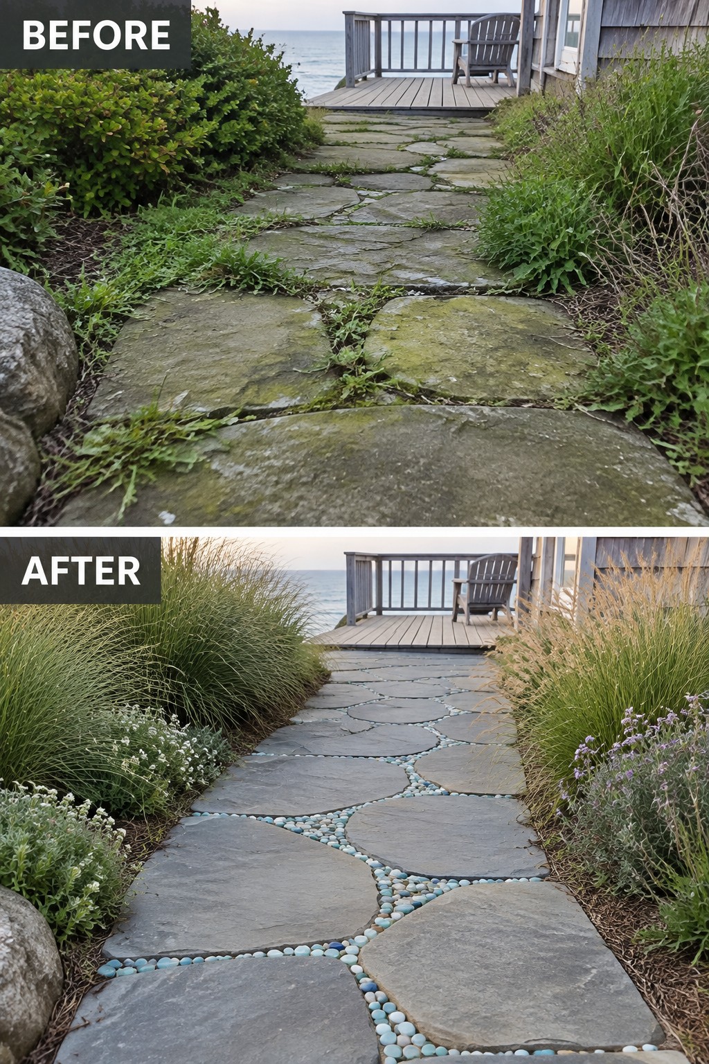 Before and after of weedy stone path to ocean deck now lined with pebbles and plants