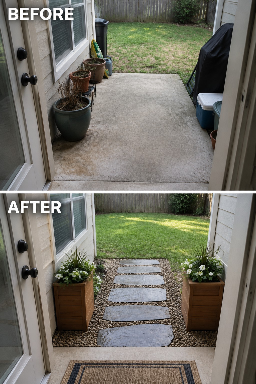 Before cluttered concrete patio after neat stone path with wooden planters