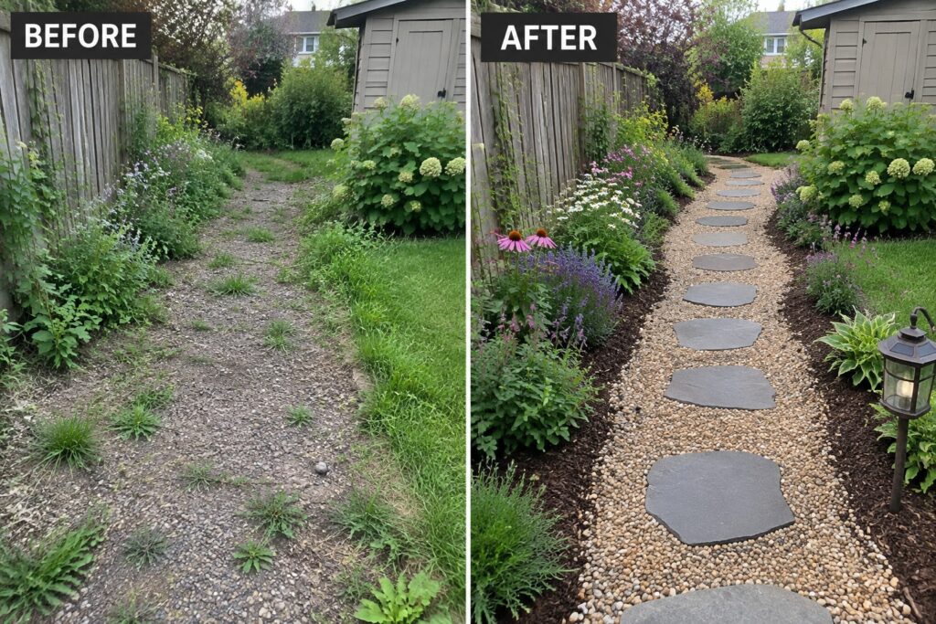 23 Affordable Garden Makeover Ideas Centered Around Simple Garden Paths Before and after of overgrown gravel path transformed into stepping-stone walkway with flowers.