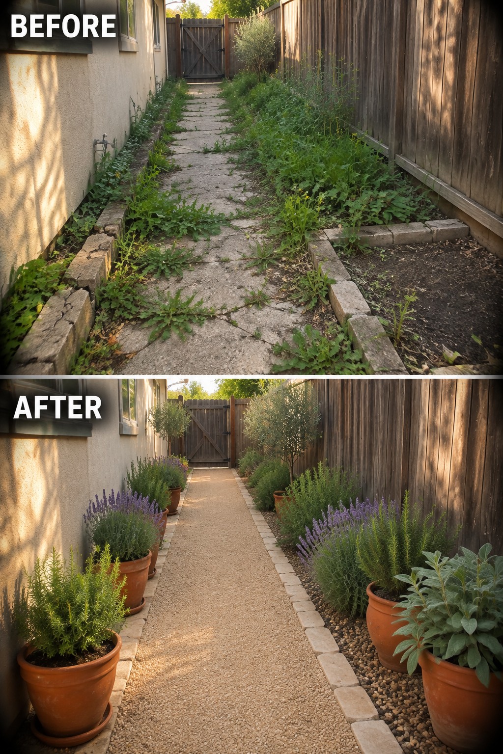 Before-and-after narrow path: overgrown weeds replaced by gravel and potted lavender plants.
