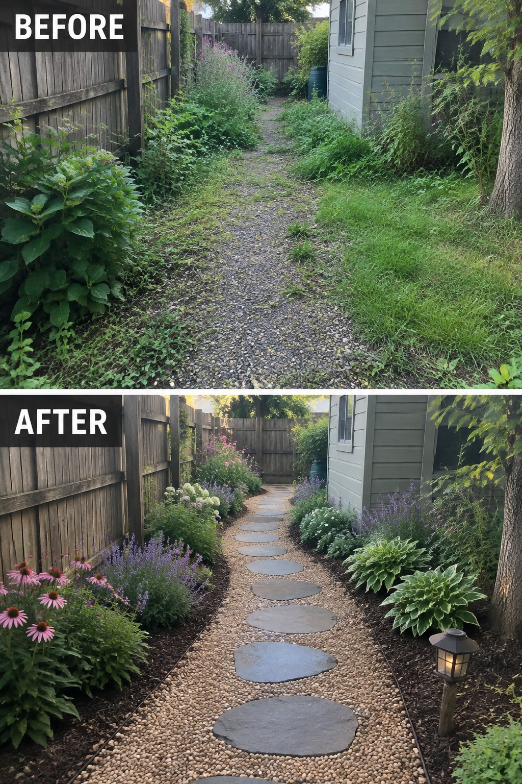 Before and after of overgrown gravel path transformed into stepping-stone walkway with flowers.