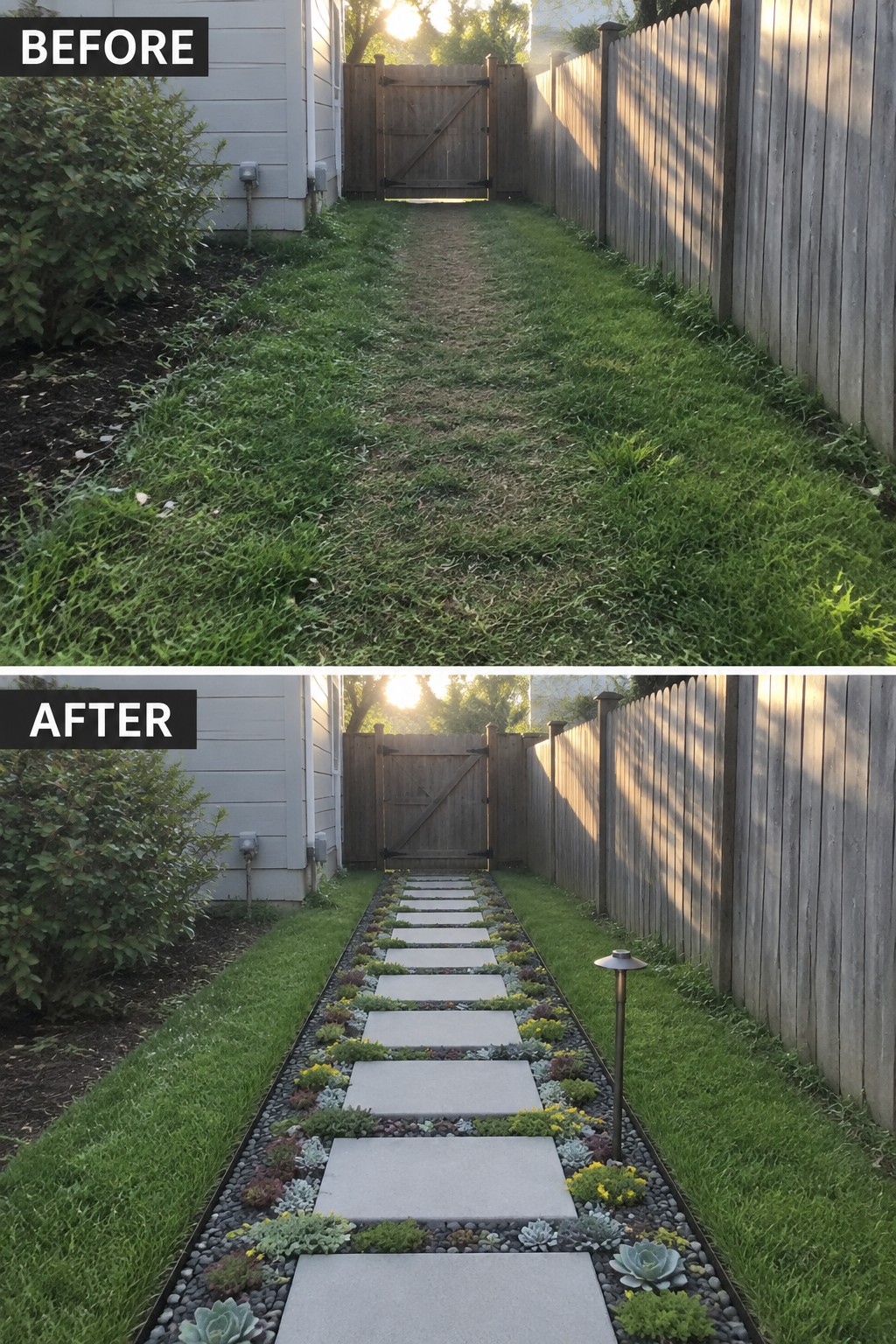 Before-and-after image of an overgrown grassy path changed into a paver walkway bordered by gravel and succulents.