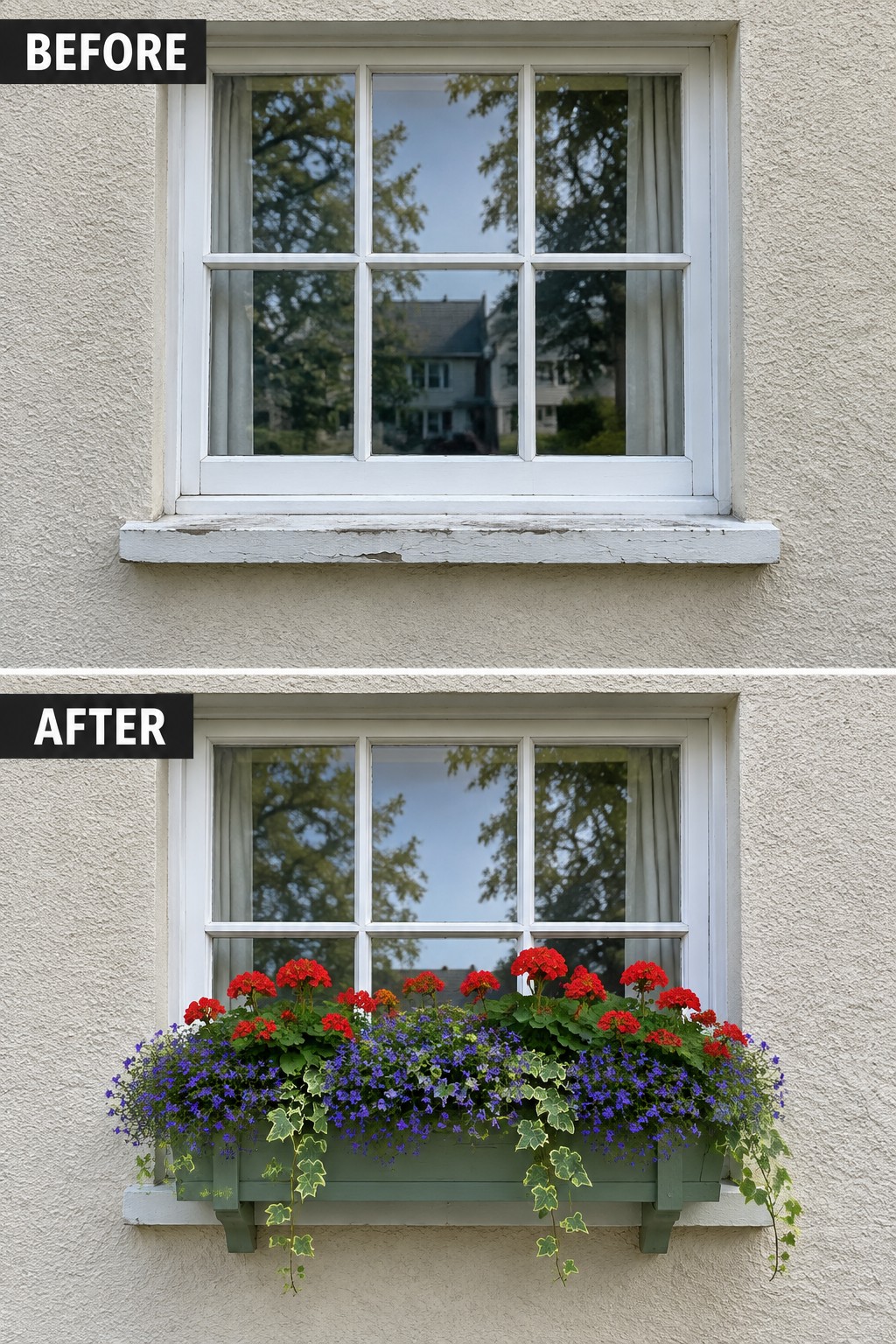 Before-and-after image of a plain window updated with a green flower box filled with red and purple blooms.