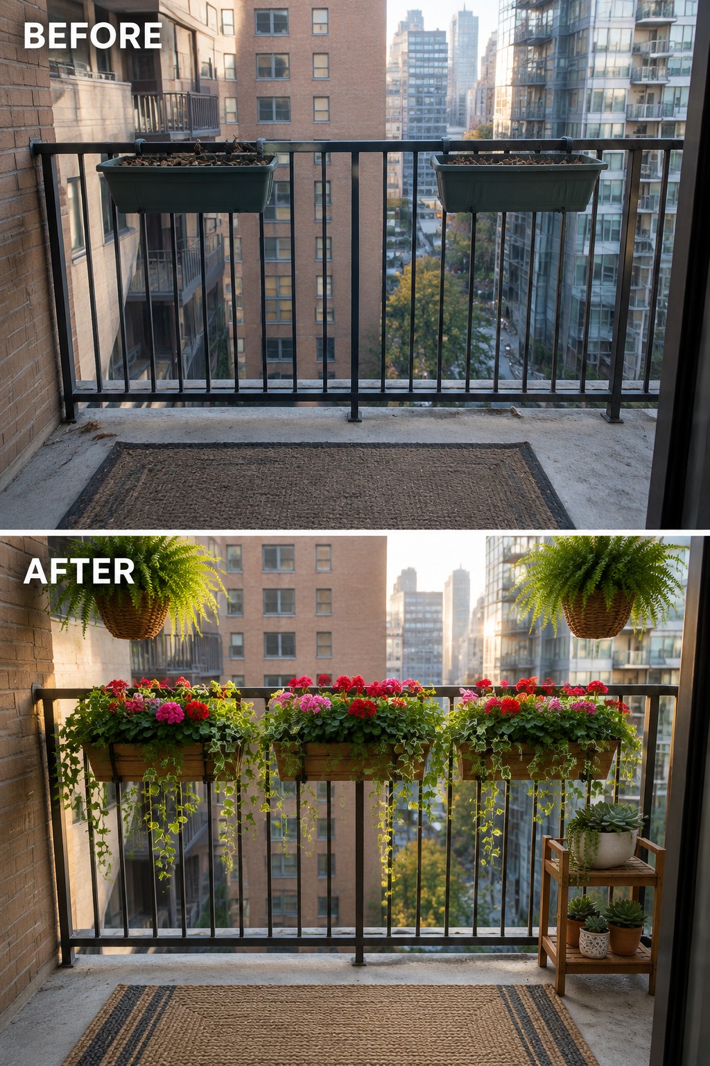 Before and after balcony with empty planters transformed into red flowers, ivy and hanging ferns.