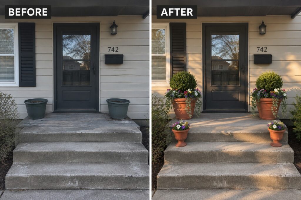23 Affordable Garden Makeover Ideas Using Container Planting Before and after of house steps with added potted plants and flowers.