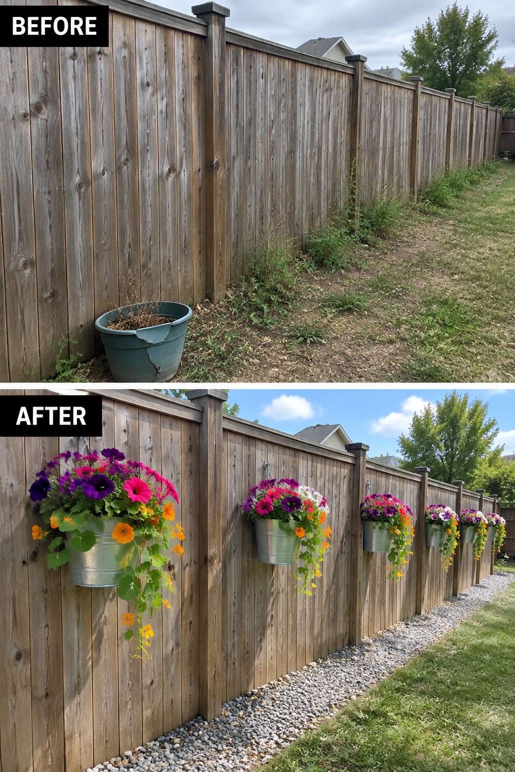 Before and after of weathered fence with broken pot versus colorful hanging flower buckets and gravel