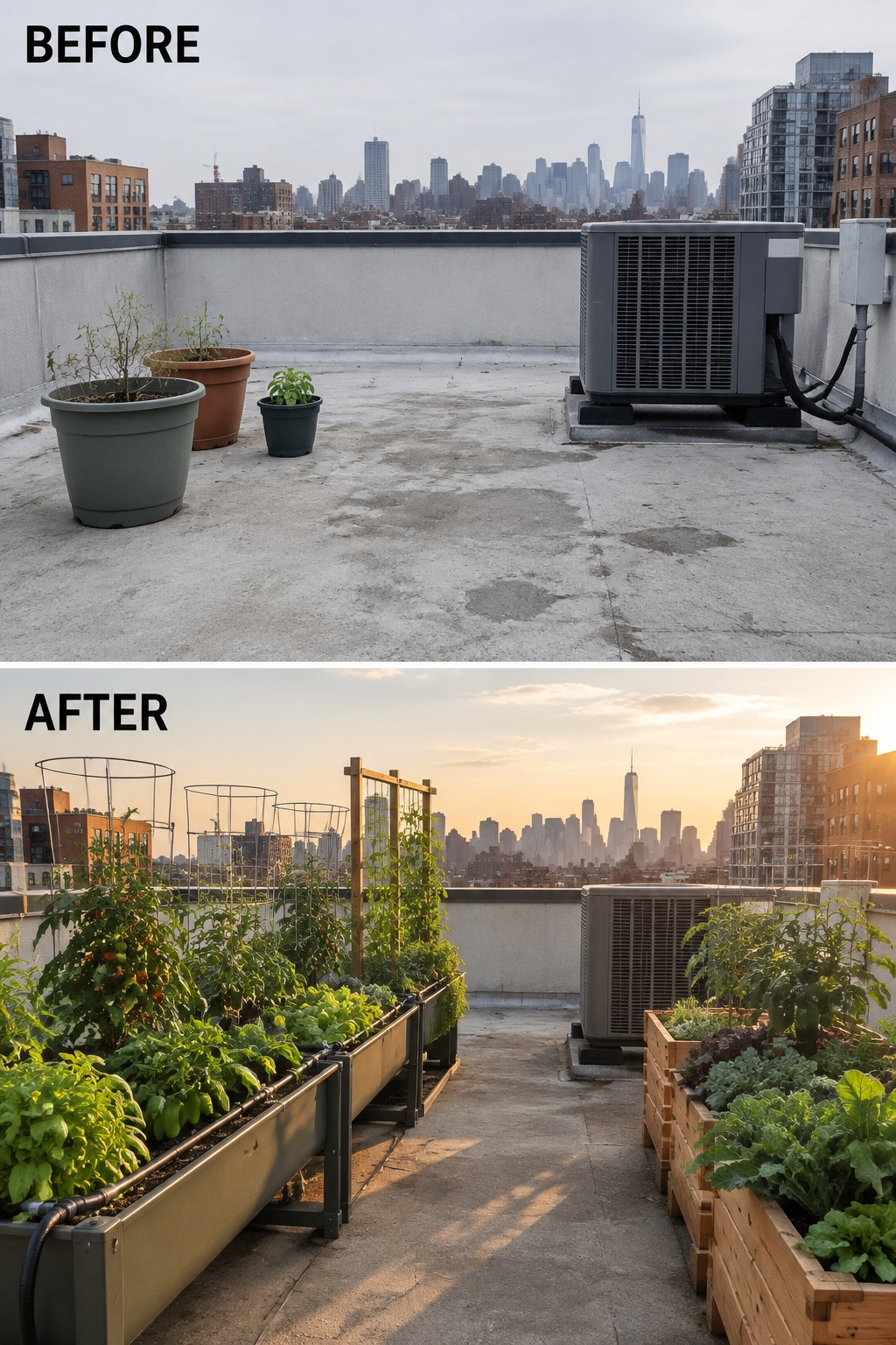 Before and after of sparse rooftop pots transformed into lush NYC vegetable garden with skyline