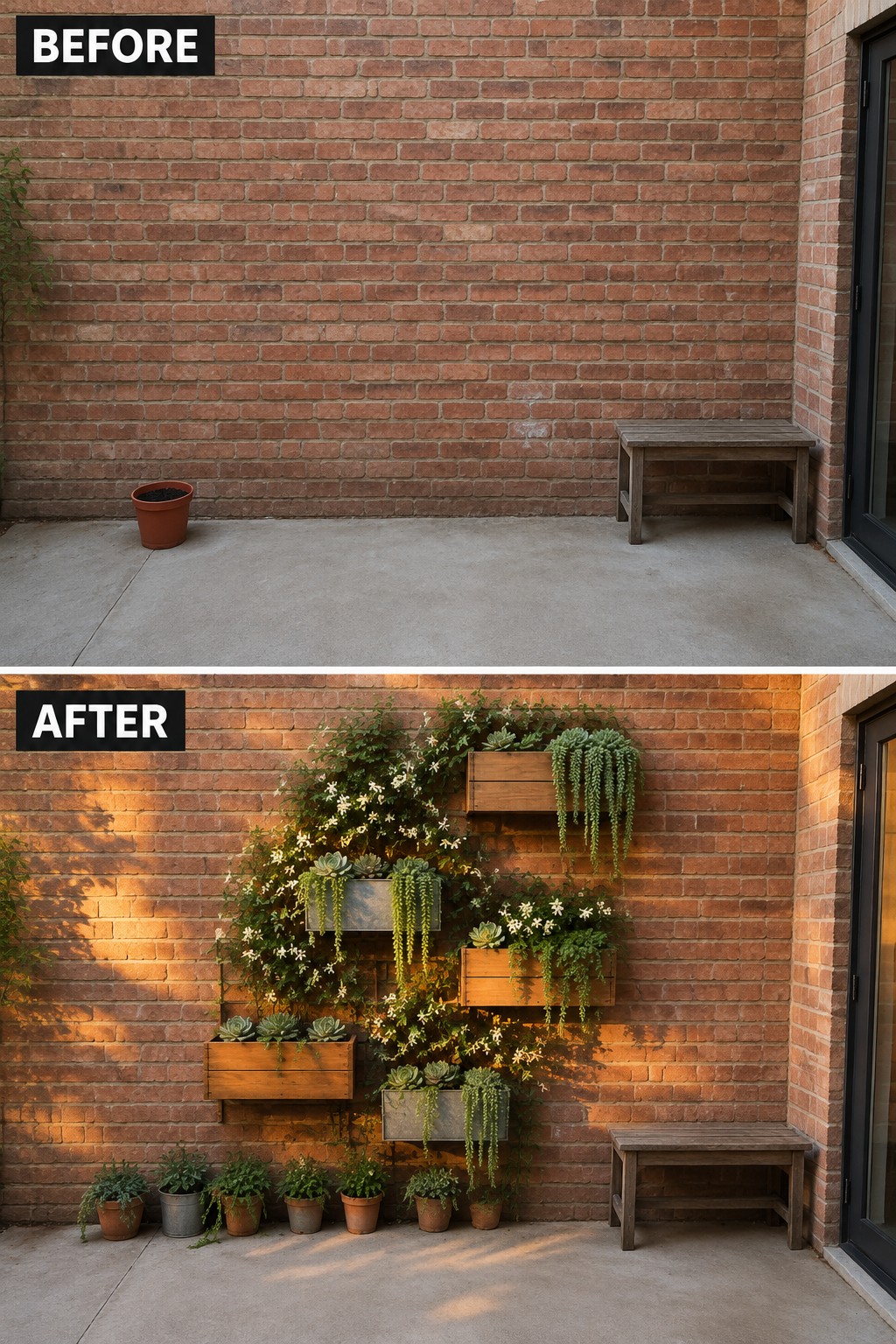 Before and after of brick wall with added vertical wooden planters and hanging plants
