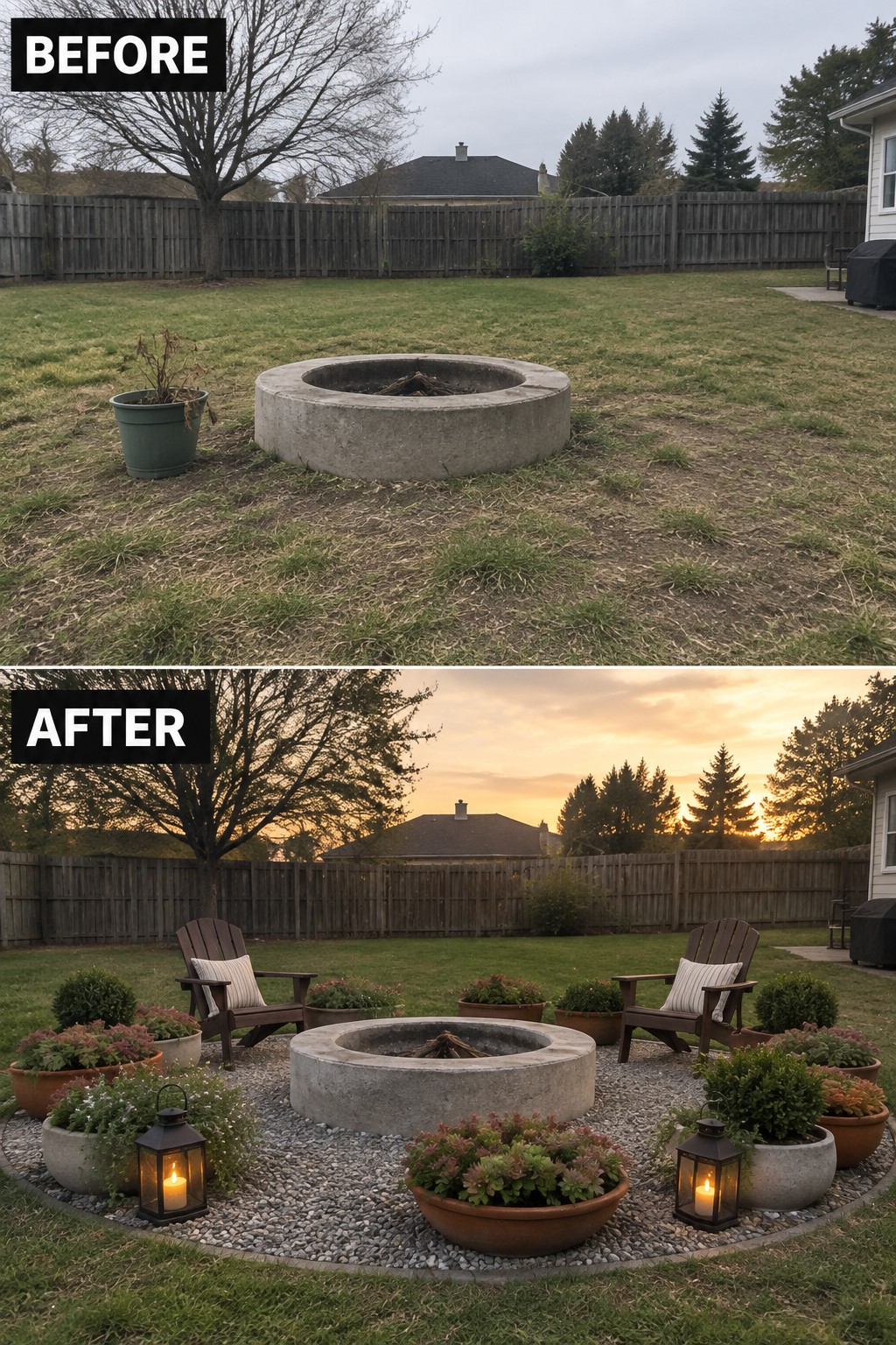 Before-and-after backyard fire pit makeover with chairs, plants, lanterns, and gravel.
