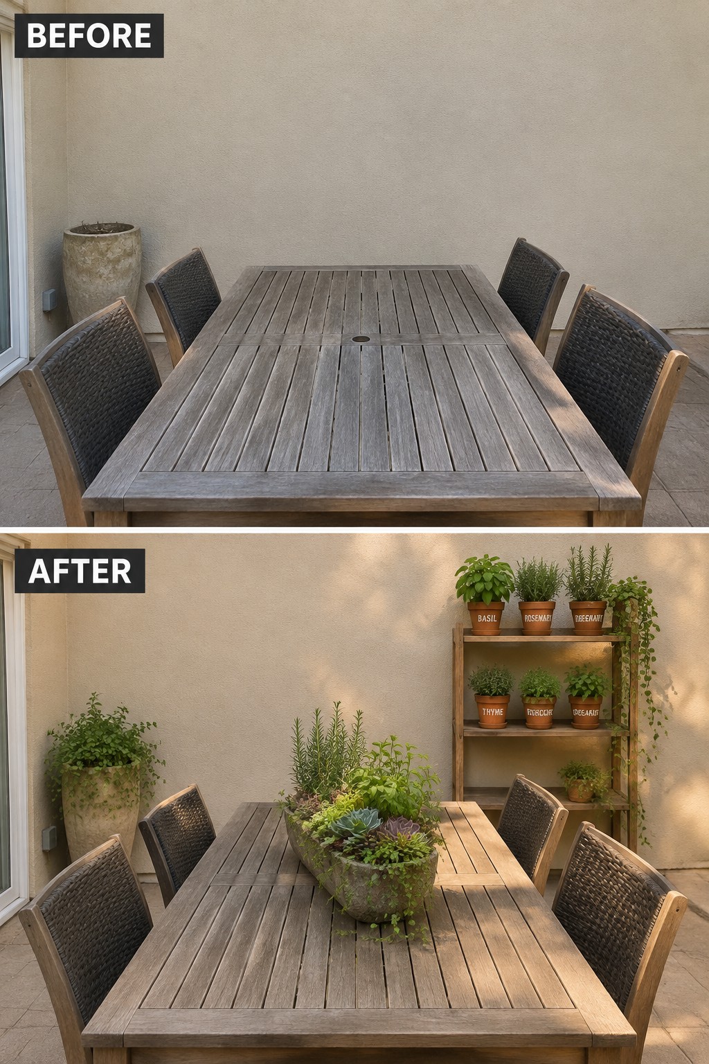 Before-and-after image of a patio dining table updated with a central trough planter and a wooden shelf of potted herbs.