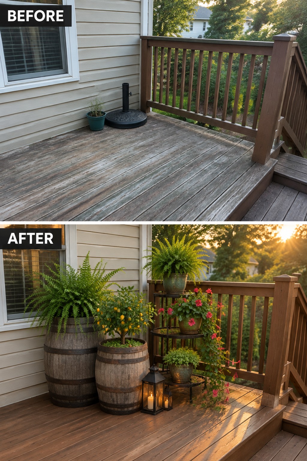 Before and after of a wooden deck with barrel ferns, flowers, and lanterns at sunset.