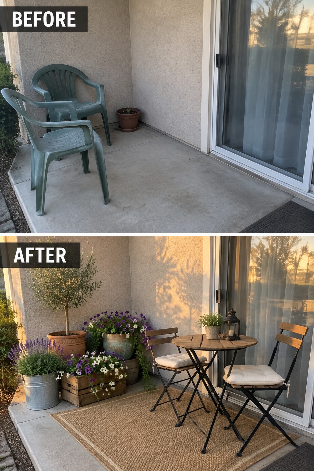 Before: two green plastic chairs; after: bistro set, rug, and colorful potted plants.