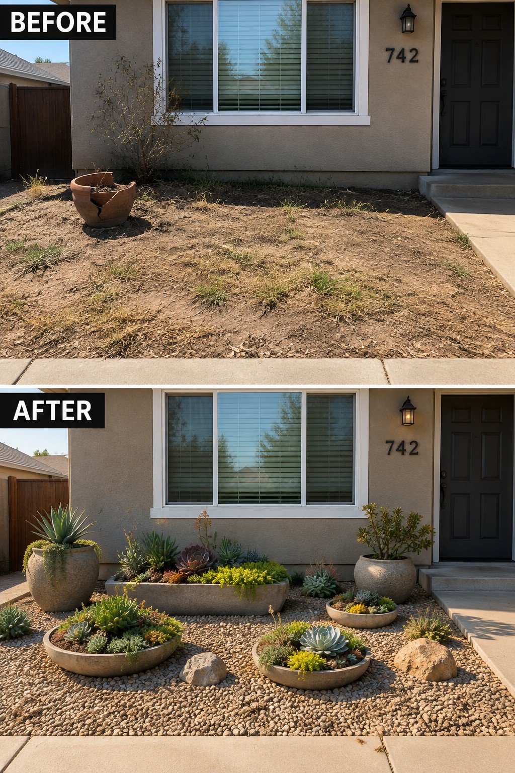 Before and after of house 742 yard: dry dirt replaced by gravel and succulent planters.