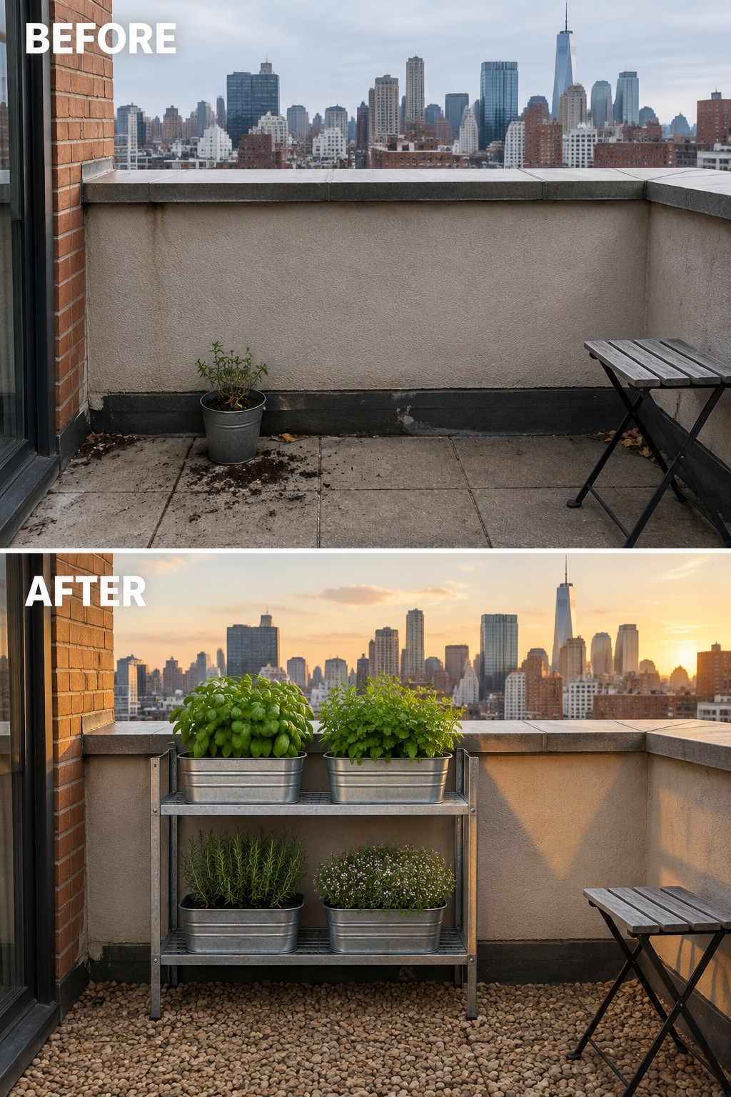 Before-and-after balcony transformed with tiered herb planters and city skyline at sunset