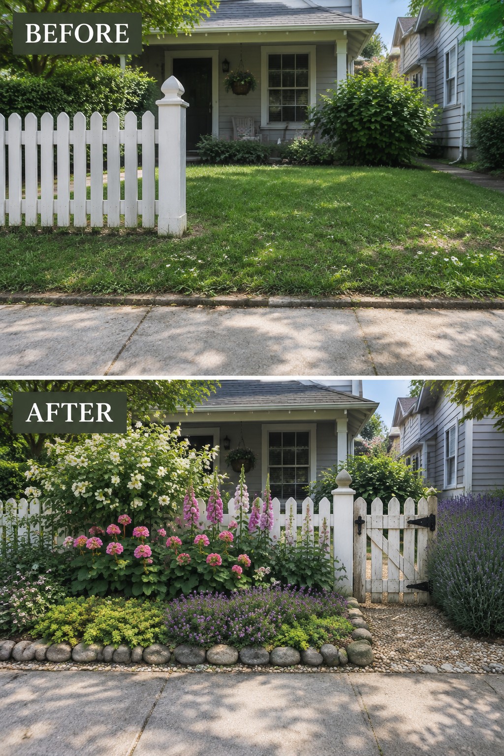 Before-and-after image of a plain front lawn transformed into layered cottage flower beds with rock edging and a gravel path.