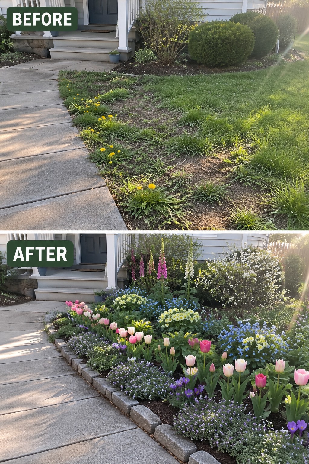 Before-and-after image of an overgrown lawn edge changed into a stone-bordered flower bed filled with layered blooms.