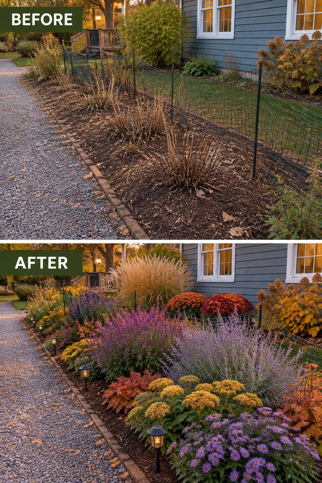Before-and-after image of an overgrown garden border changed into a layered cottage flower bed with tall grasses, colorful perennials, and path lights.