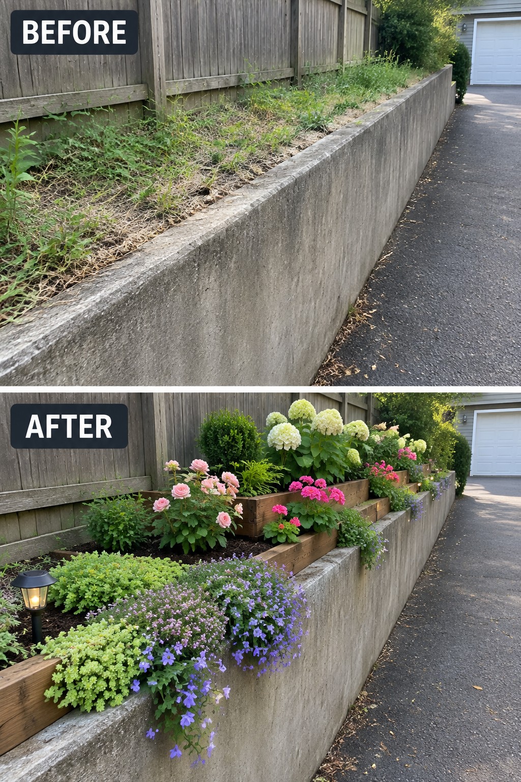Before and after of overgrown retaining wall turned into colorful flower garden with planters.