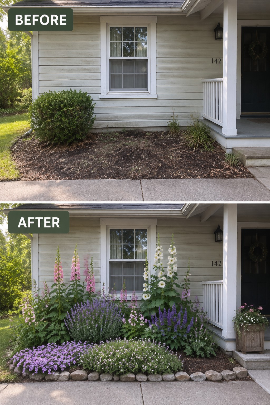 Before-and-after house garden: bare mulch transformed into colorful flower bed with pink, purple blooms.