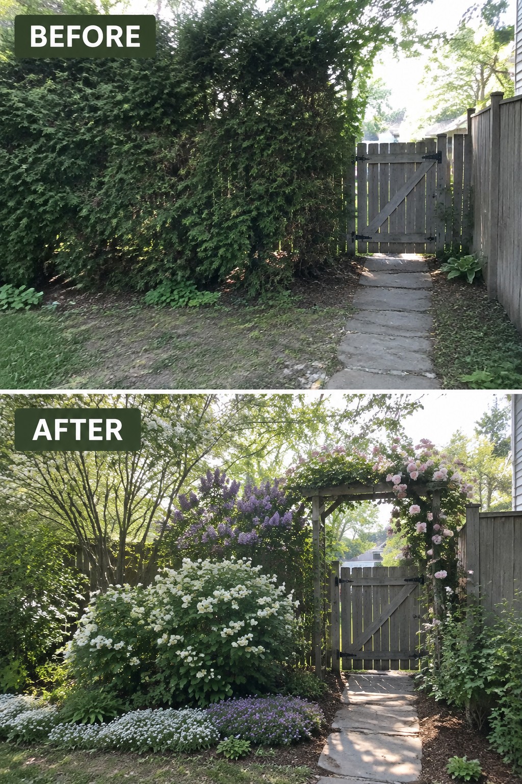 Before and after of overgrown garden entrance transformed with flowers, arbor, and gate